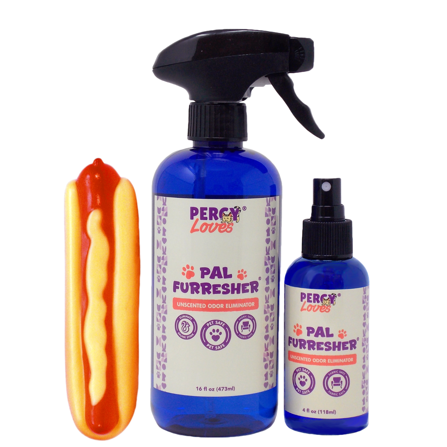 Two bottles of Percy Loves PAL Furreresher with a toy hot dog on a white background