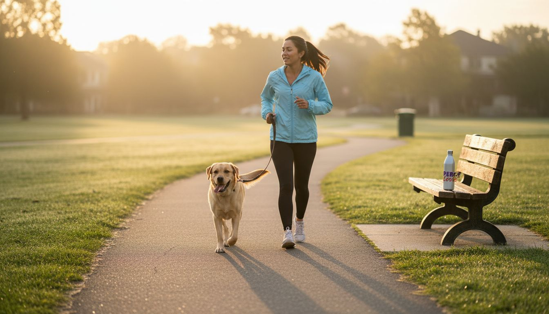 Woman jogging with Labrador in morning park