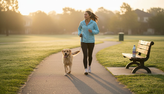 Woman jogging with Labrador in morning park