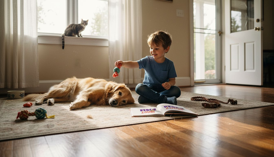 Boy playing with dog and cat in family room