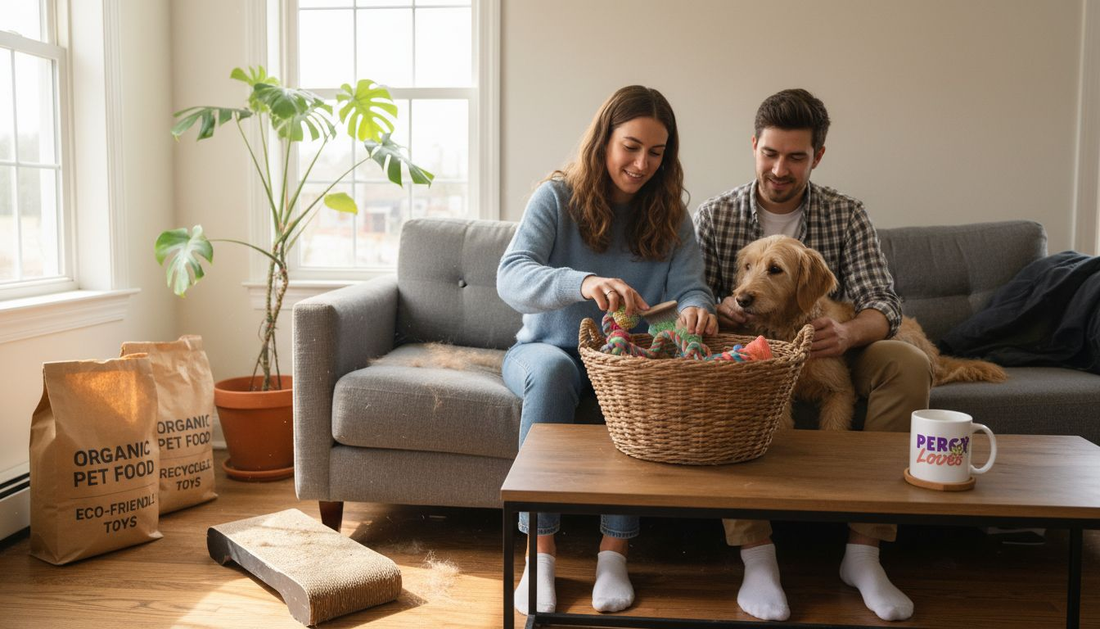 Couple grooming dog in sunlit eco-friendly home