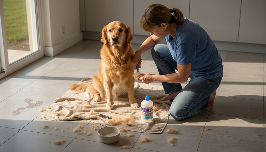 Safe dog grooming in home kitchen scene