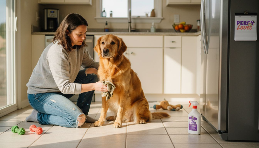 Woman cleans dog paws in kitchen