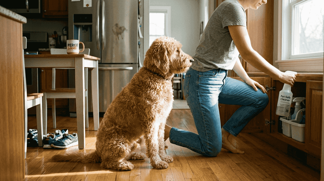 Dog sits in kitchen near owner storing pet-safe cleaner