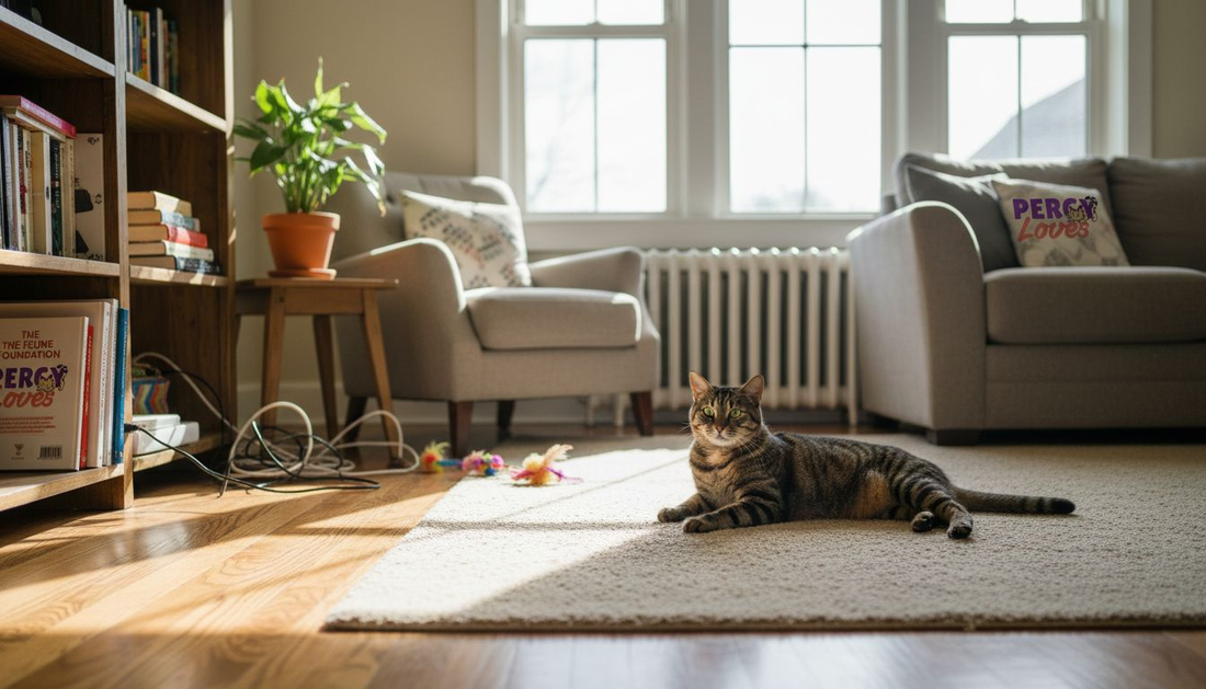 Cat in safe living room with visible precautions