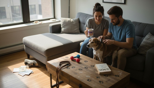 Couple caring for dog in sunlit apartment