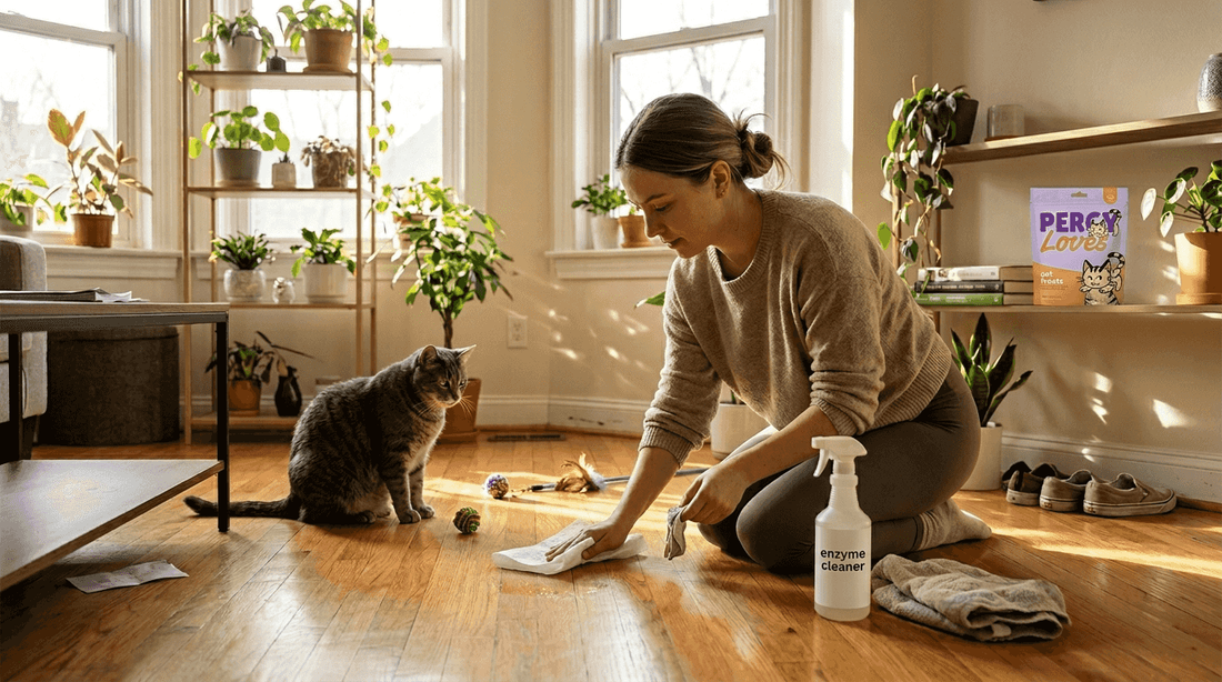Pet owner cleaning mess with enzyme cleaner