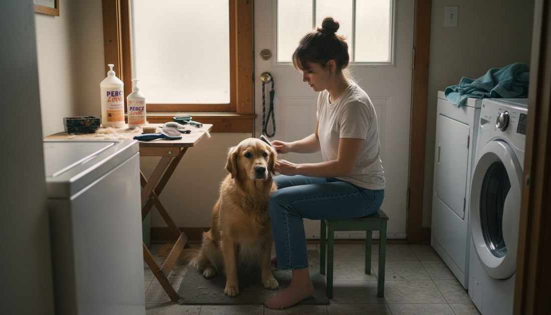 Woman prepping dog for home grooming workflow