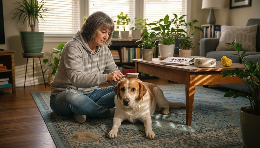 Pet owner grooming dog during morning routine