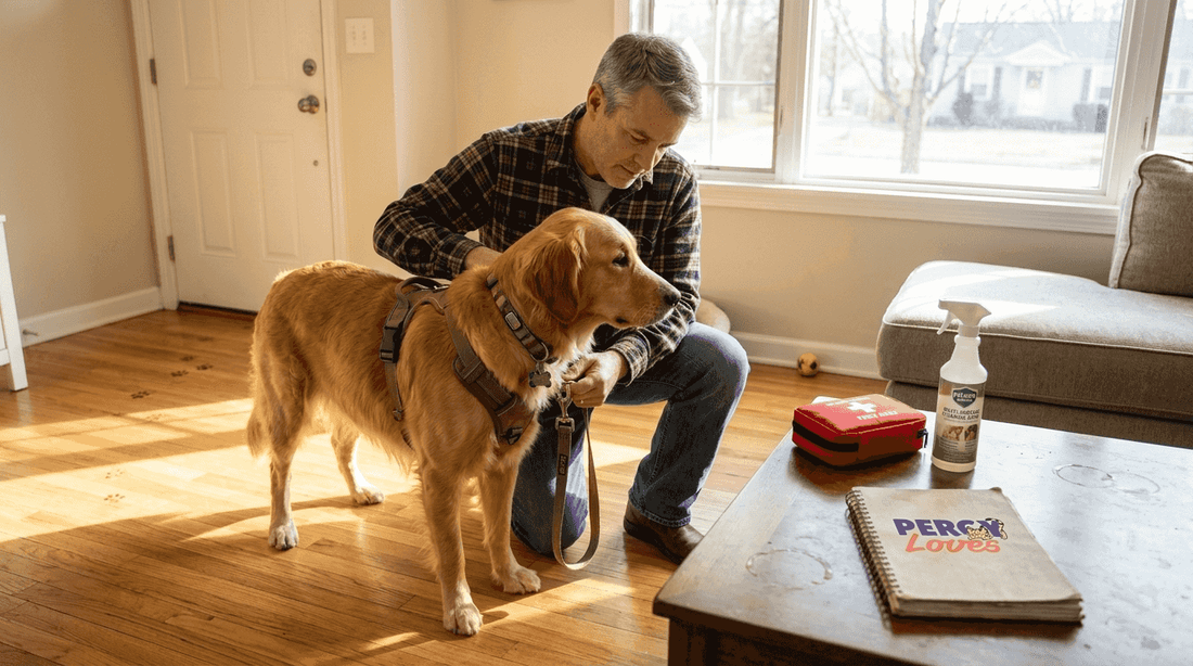 Dog owner checks harness with dog safety gear