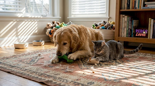 Dog and cat enjoying safe toys at home