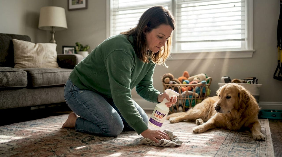 Woman cleaning rug with pet-safe spray