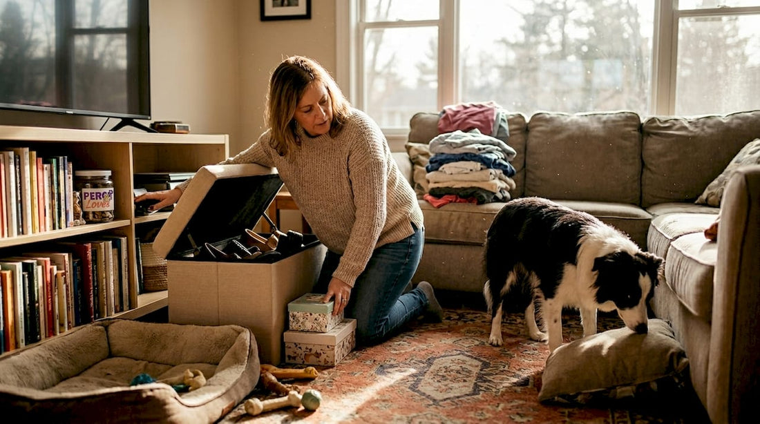 Woman organizing living room to make home dog safe