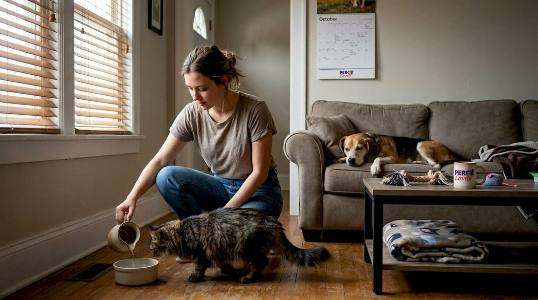 Woman providing water to cat and dog at home