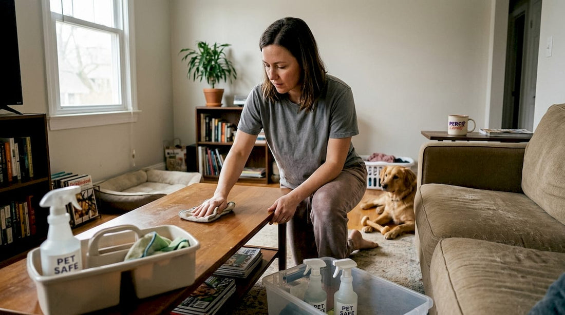 Woman cleaning living room with pet supplies