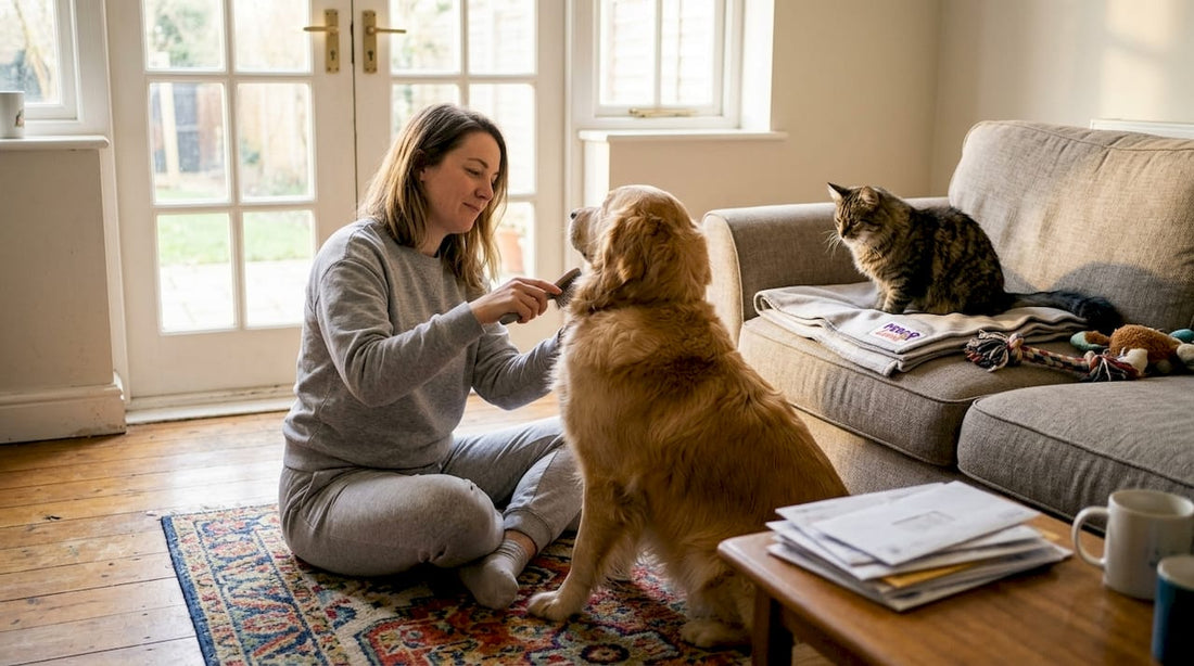 Pet parent brushing dog with cat nearby