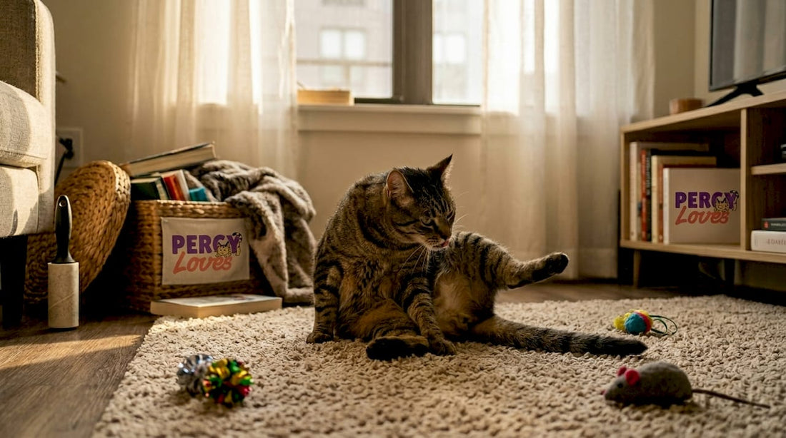 Cat cleaning itself in tidy living room