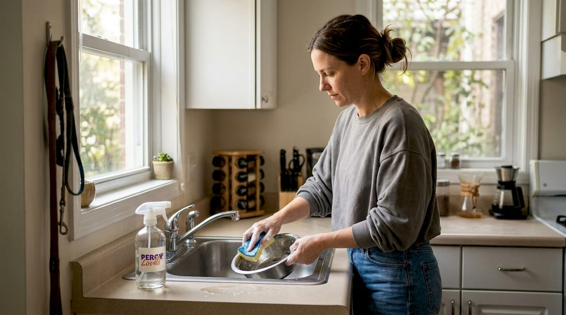 Woman cleaning dog bowl at kitchen sink