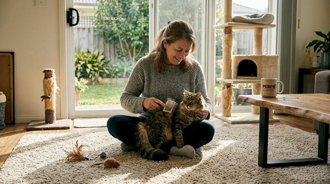 Woman brushing tabby cat in bright living room