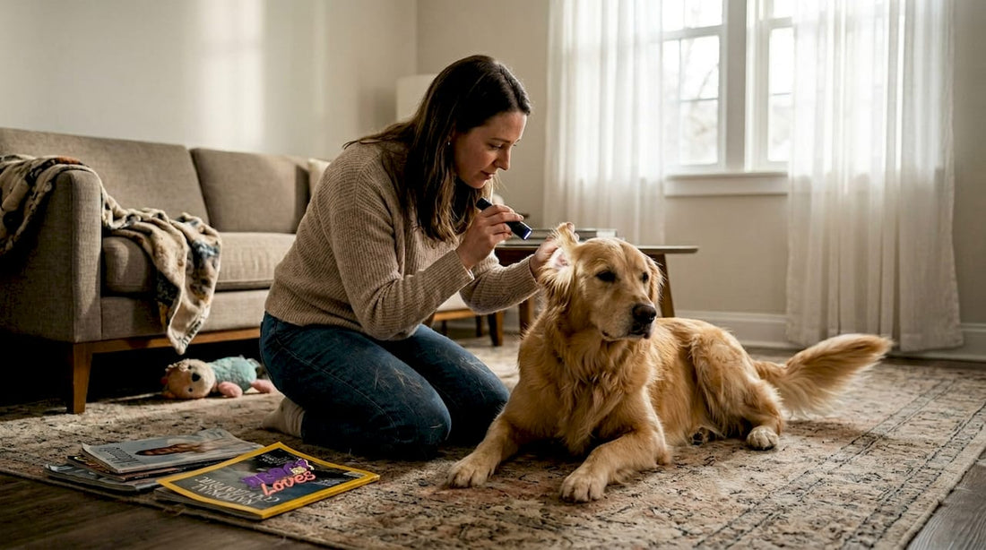 Pet owner checking dog's ear at home