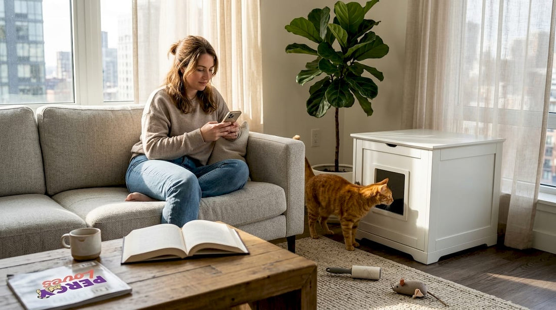 Cat owner relaxing near clean litter area