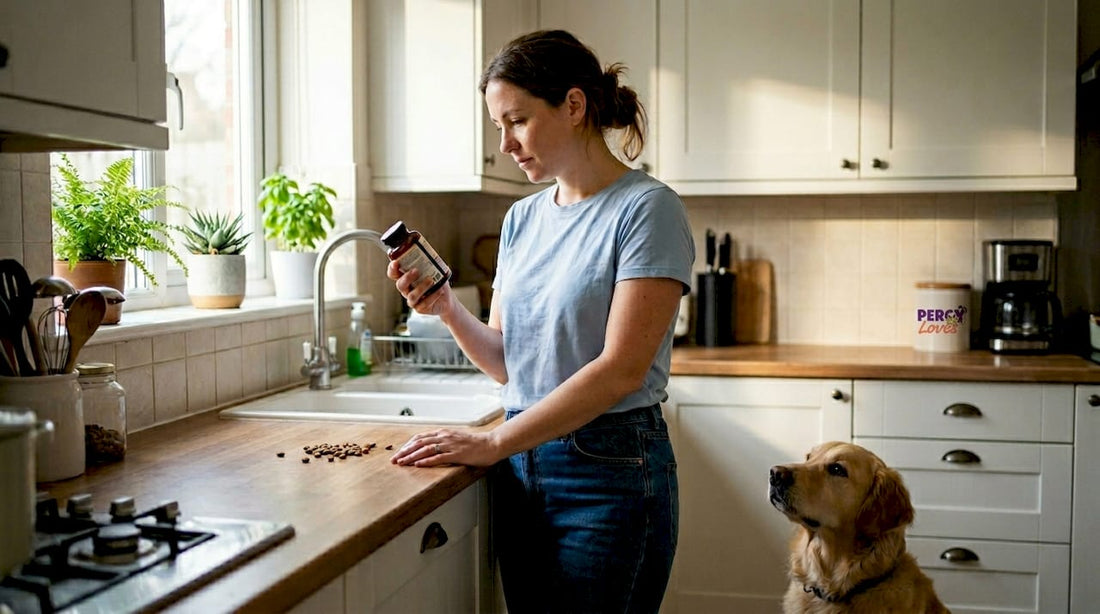 Pet owner checks pet product label details