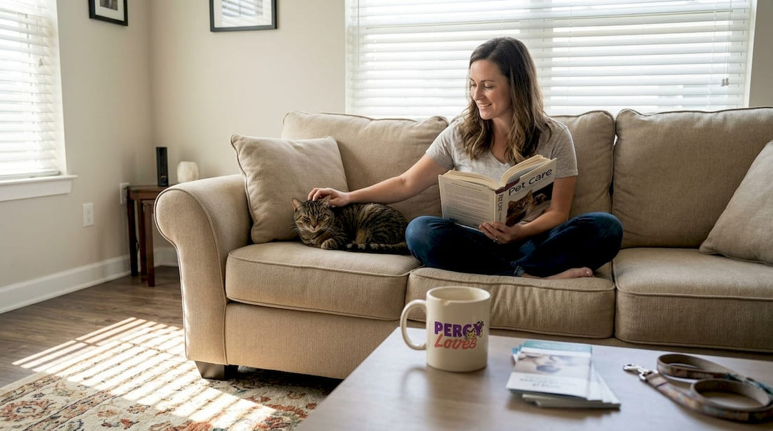 Woman reads pet care book with cat on sofa