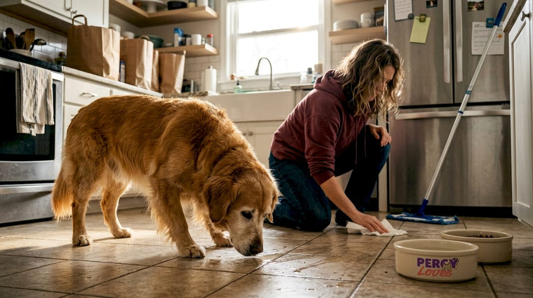 Dog and owner cleaning spilled chemical