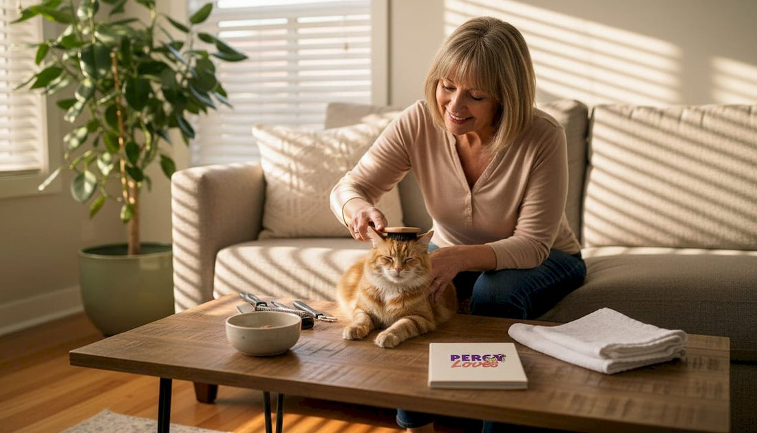Owner brushing cat on living room sofa