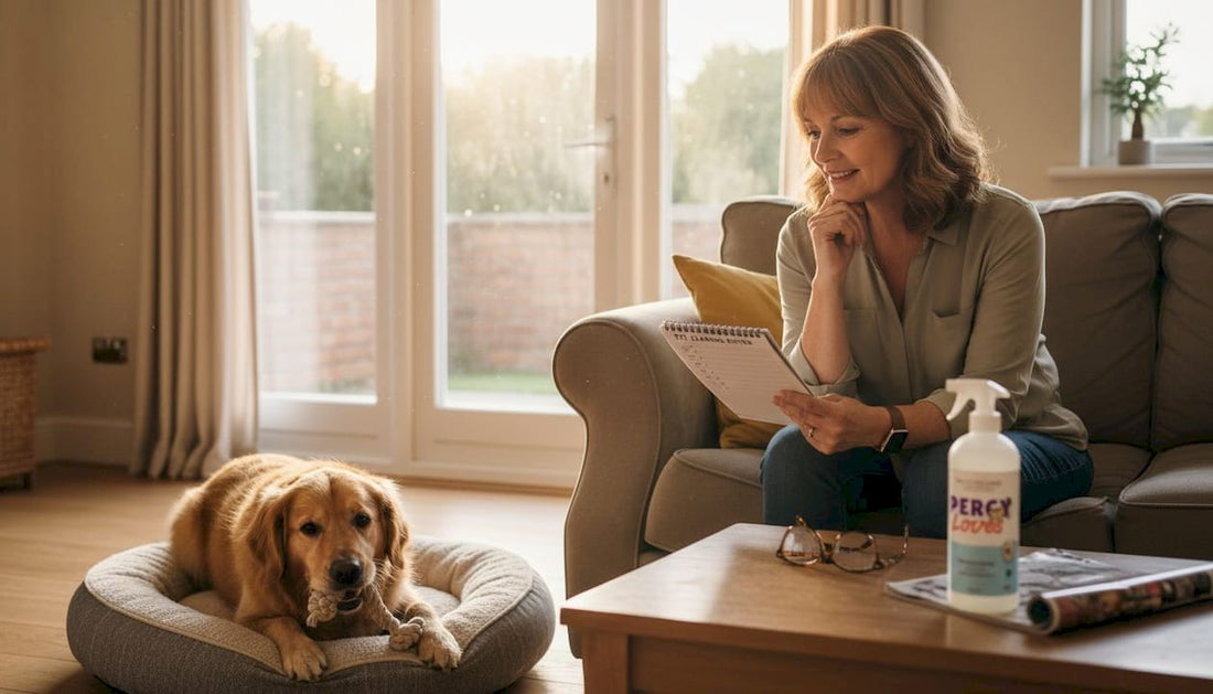 Pet owner checking for odors near dog bed