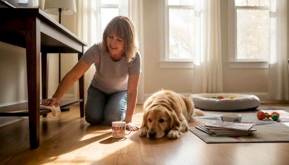 Dog owner cleaning living room with dog watching
