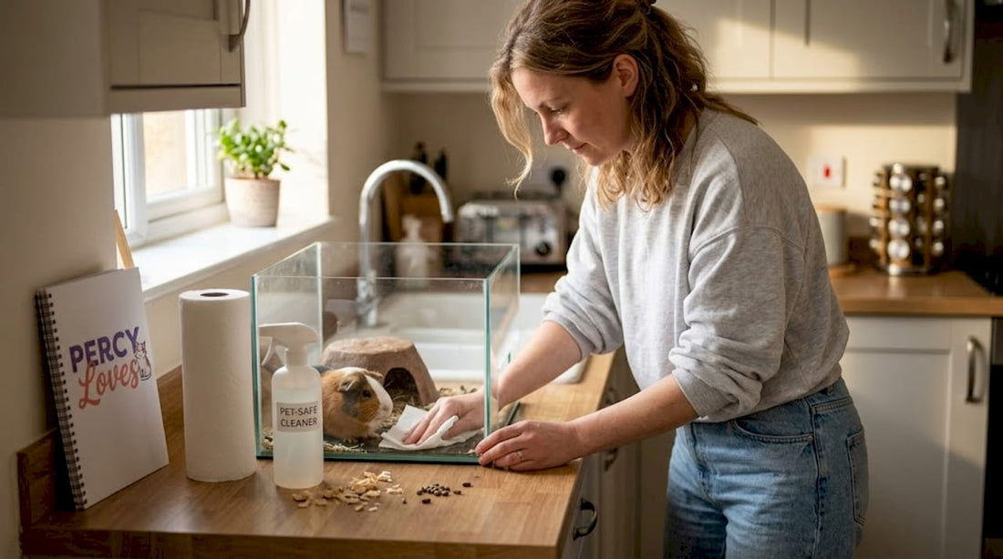 Woman cleaning guinea pig enclosure in kitchen