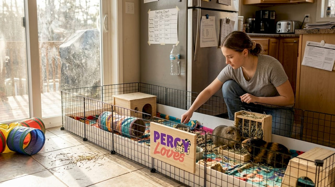 Person cleaning guinea pig enclosure in kitchen