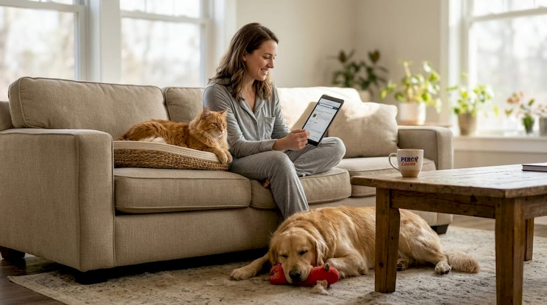 Pet parent choosing products with pets nearby