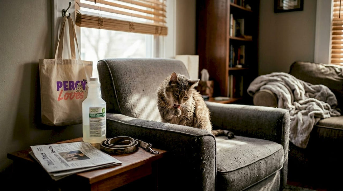Cat grooming paw in sunlit living room
