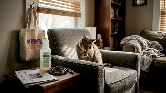 Cat grooming paw in sunlit living room