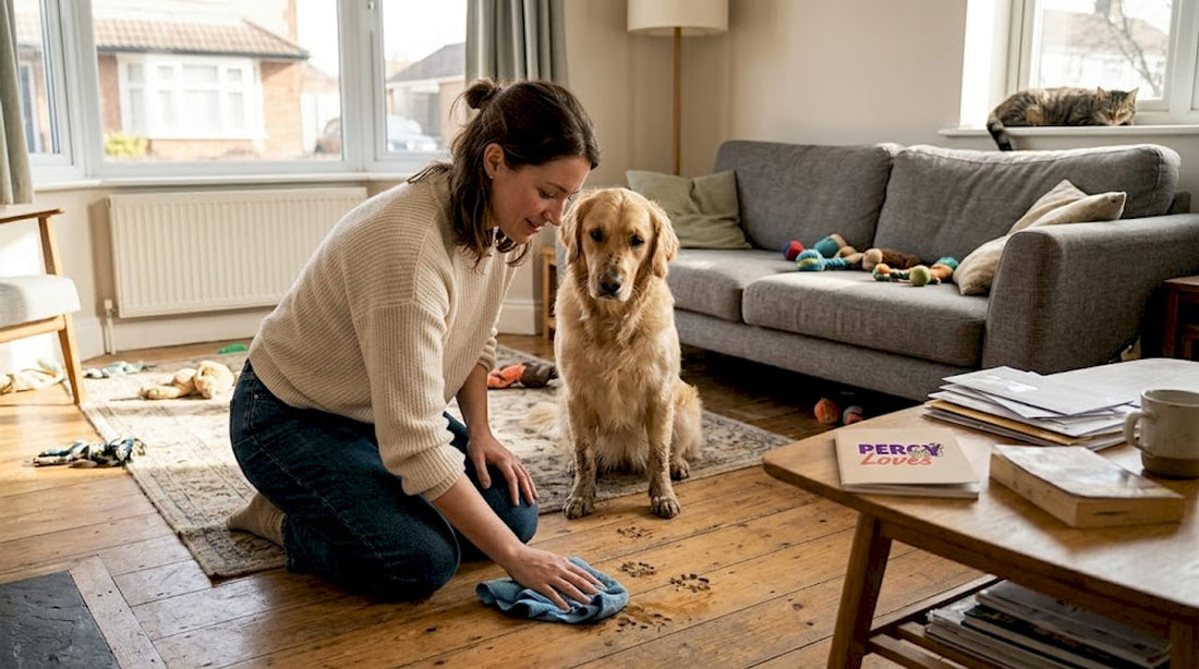 Pet owner cleaning muddy paw prints in living room