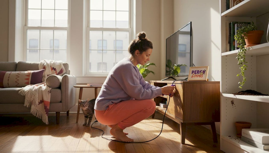 Woman securing cords in living room with cat