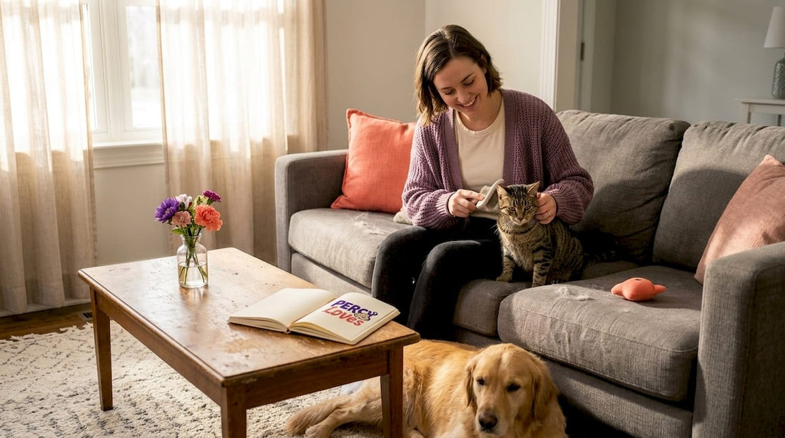 Brushing cat on sofa with dog nearby