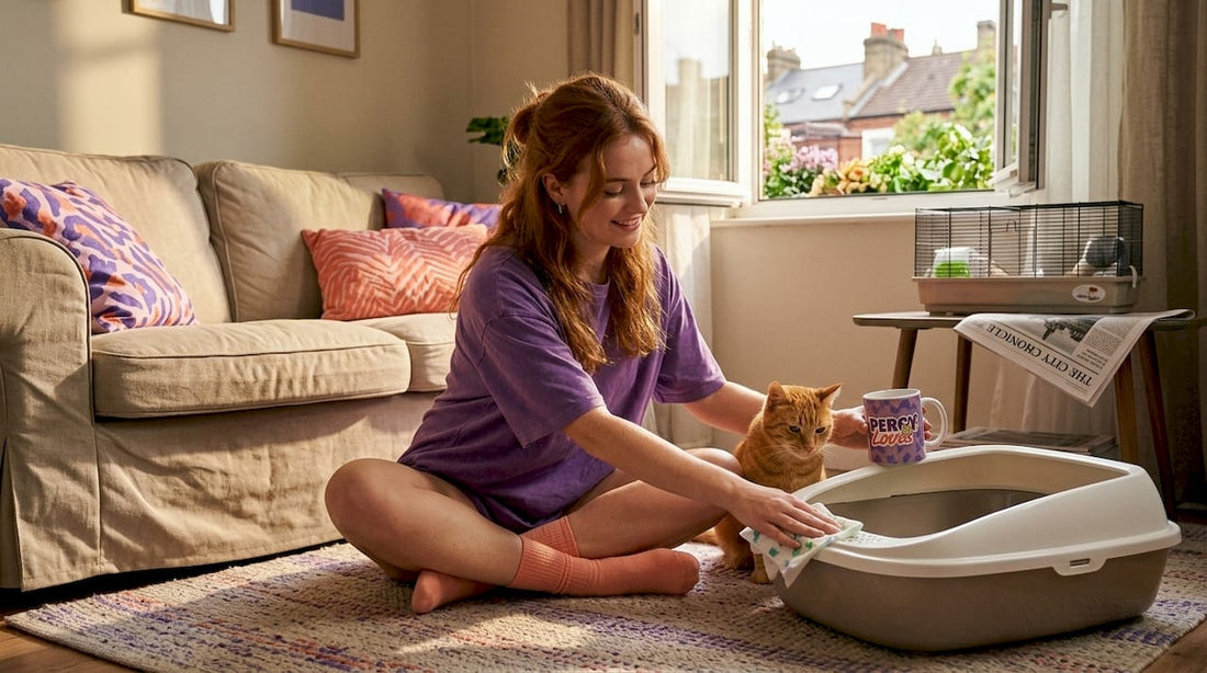 Woman cleaning cat litter box at home