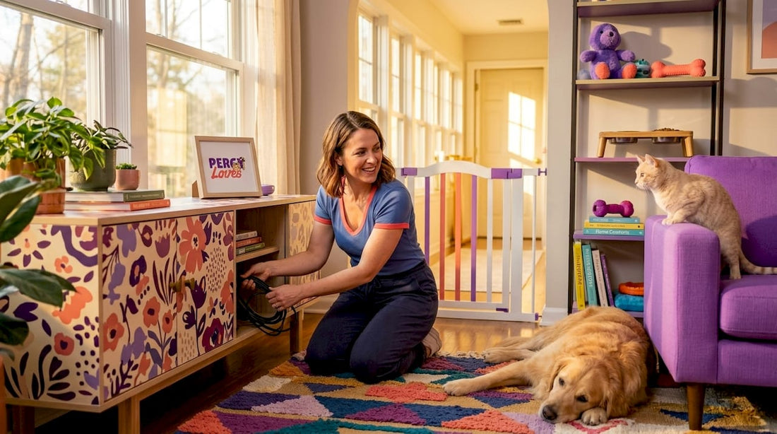 Pet owner pet-proofing living room at home