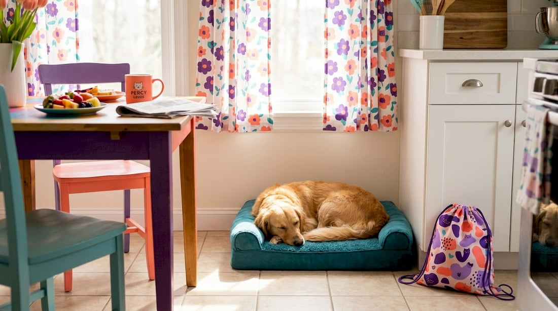Dog resting comfortably in lived-in living room