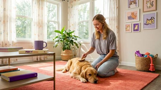 Brushing dog in bright, inviting living room