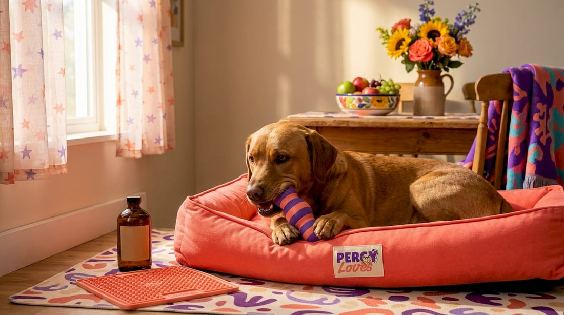 Dog uses chew toy in bright living room