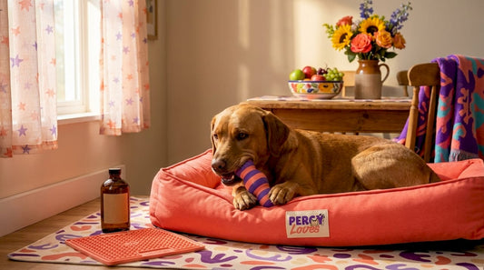 Dog uses chew toy in bright living room