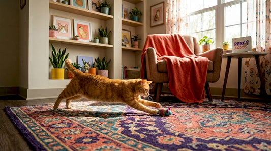 Tabby cat stalking toy in lived-in living room