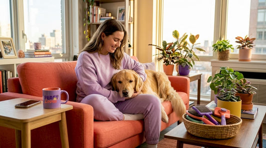 Pet owner cuddling golden retriever on couch