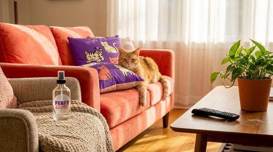 Cat resting calmly on couch in sunny living room
