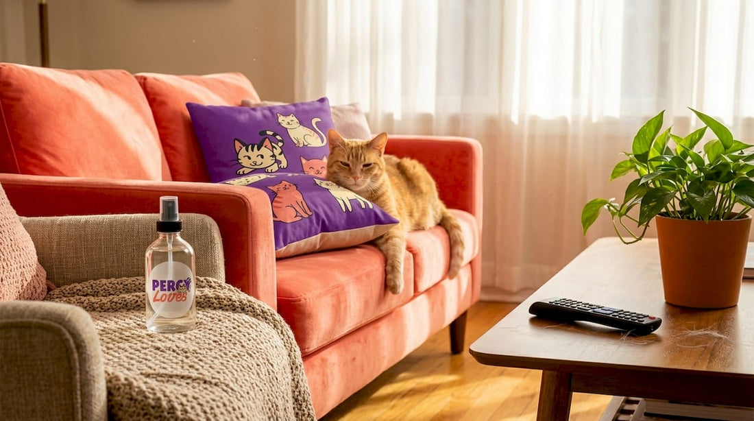 Cat resting calmly on couch in sunny living room