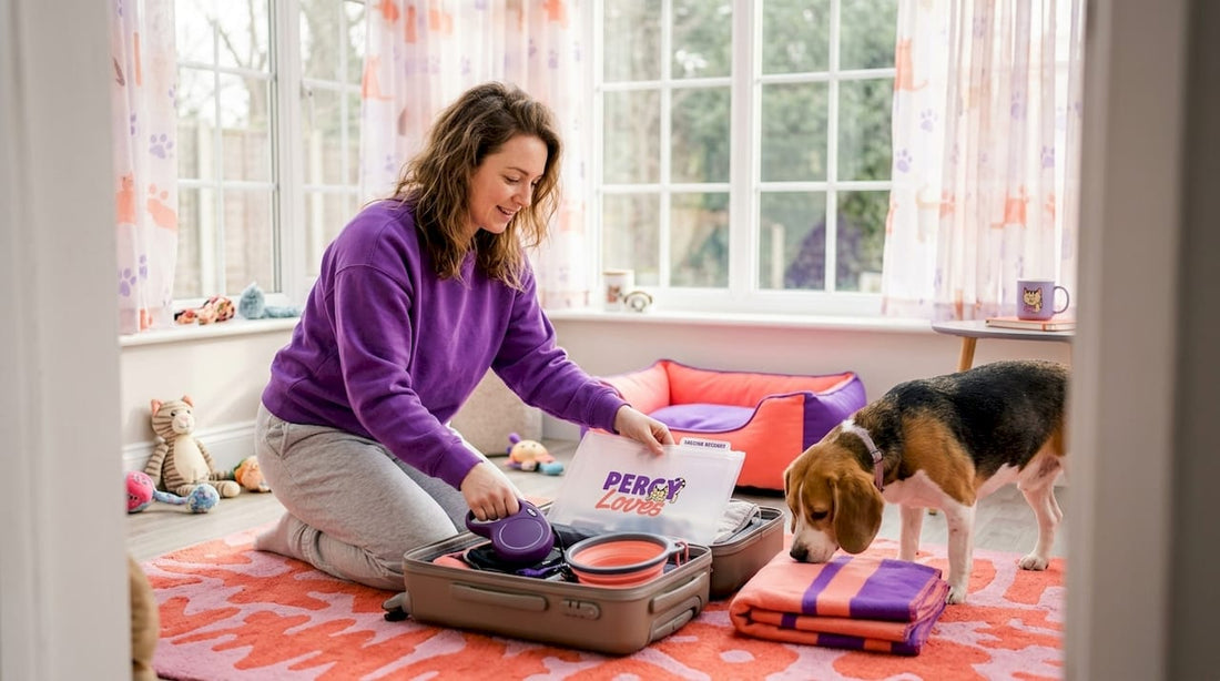 Woman packing pet travel essentials in living room